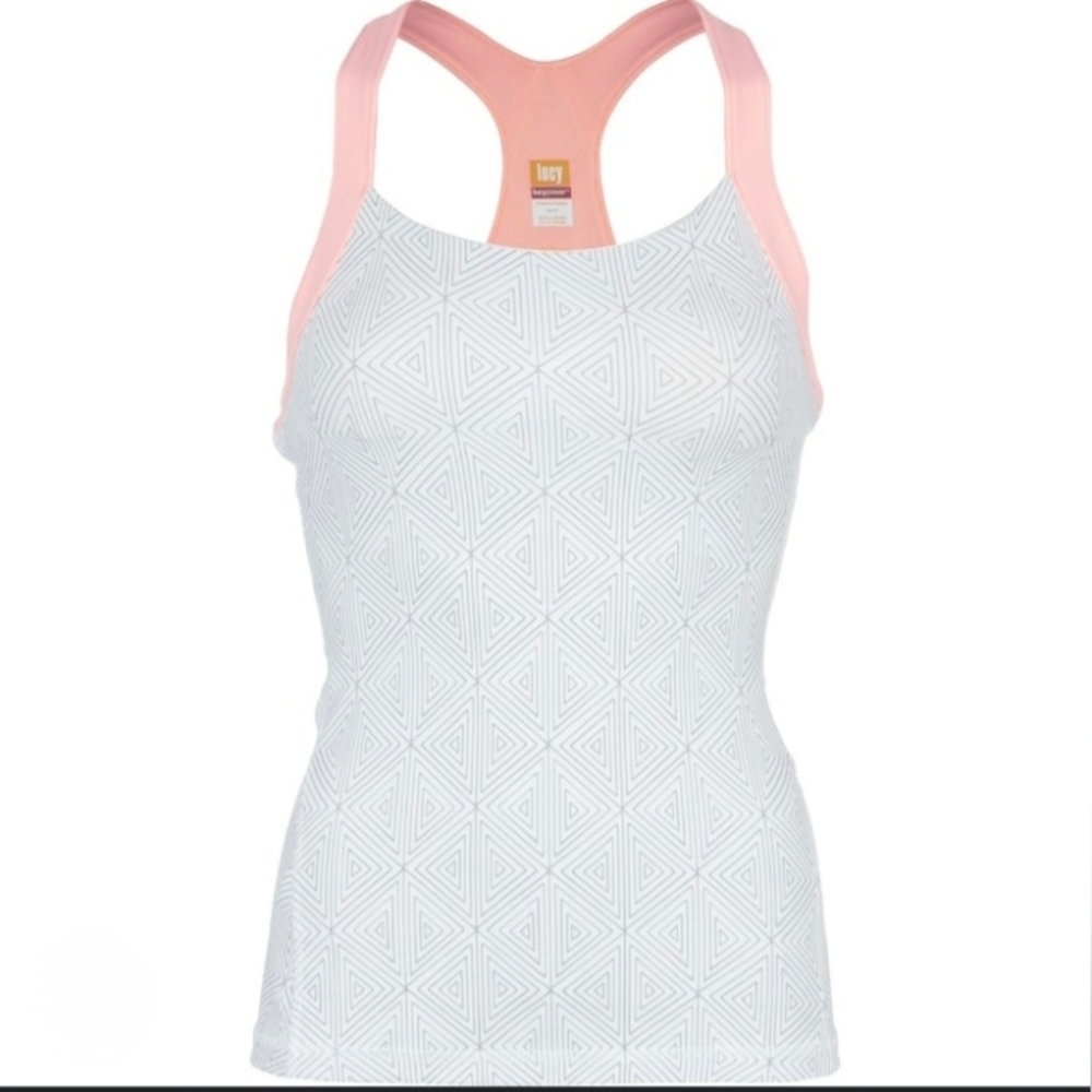Lucy Crossback Tank Top Pink White Gray Large Triangle Geometric
